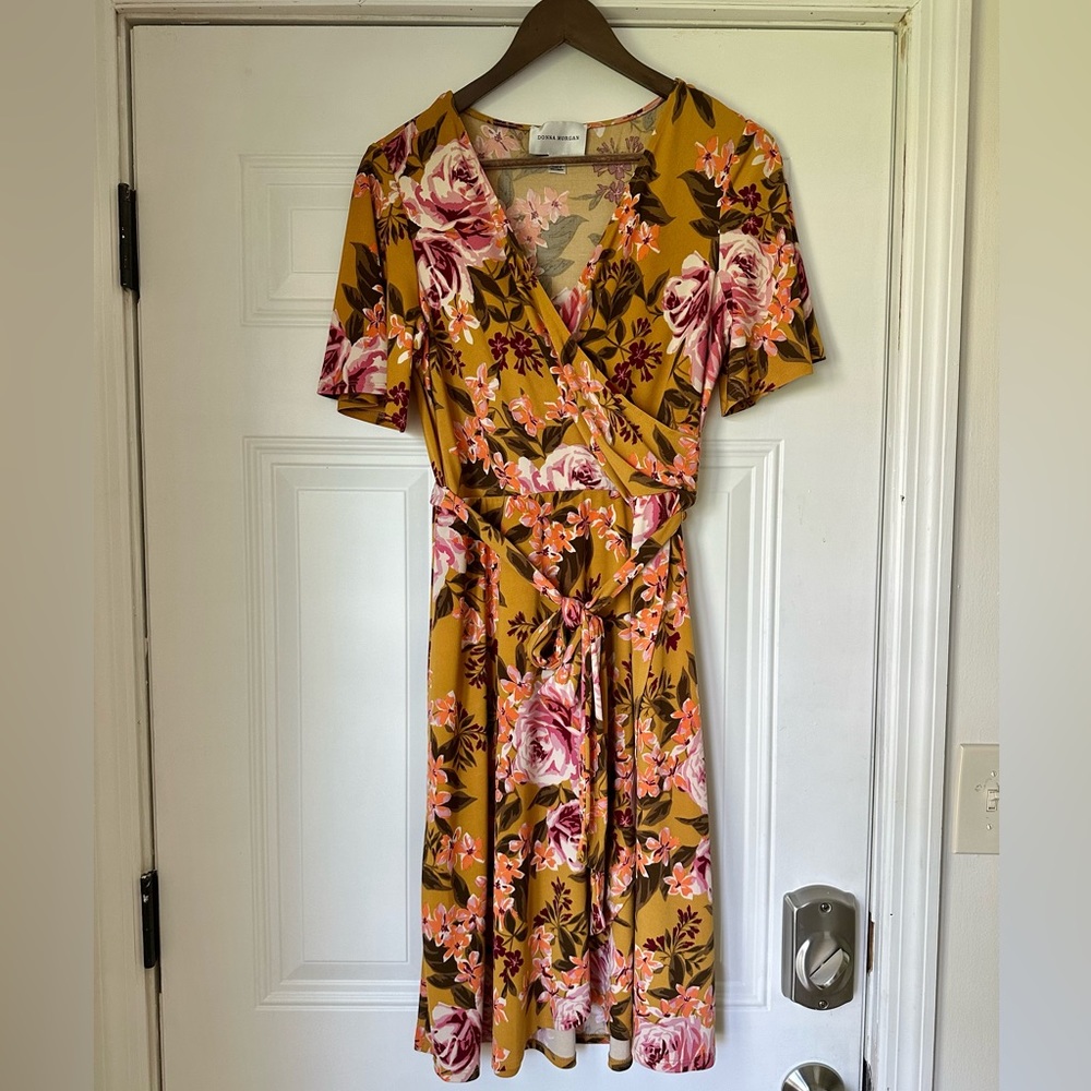 Donna Morgan Flutter Sleeve Tie Waist Faux Wrap Dress in Mustard Yellow Floral